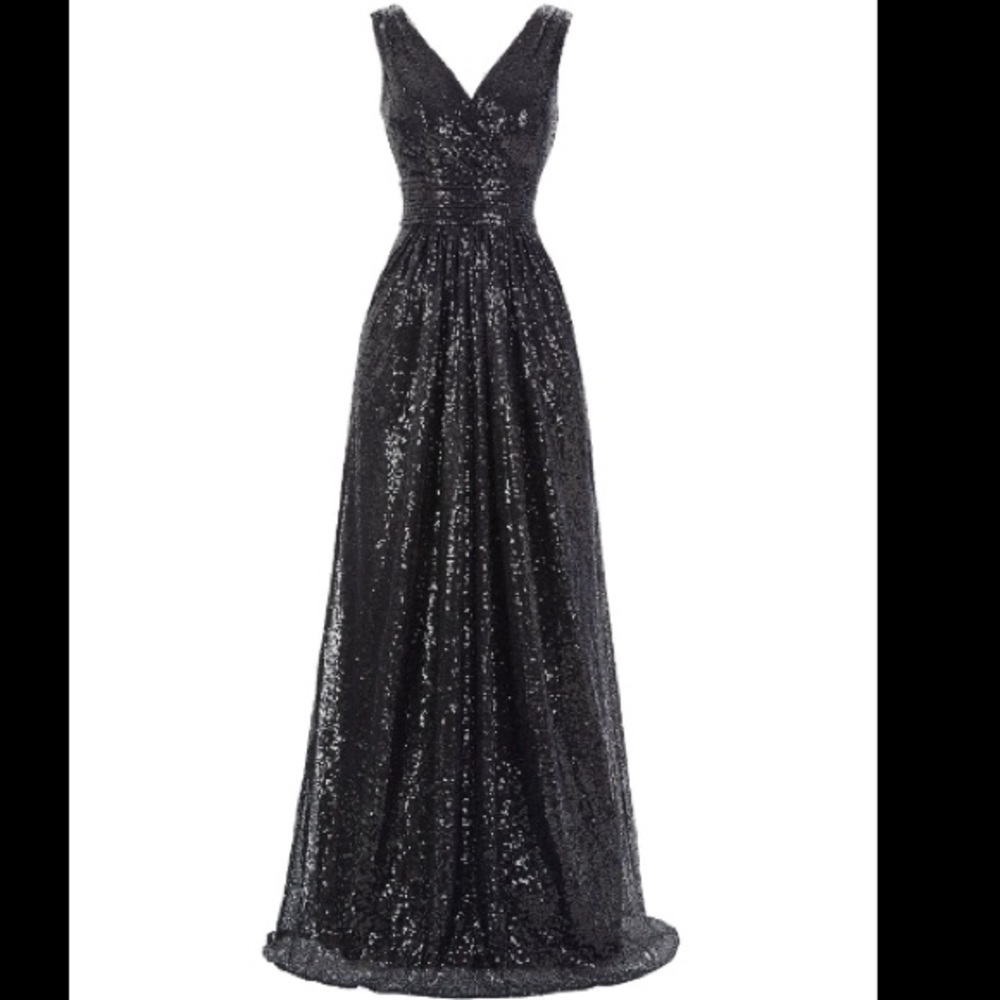 Kate Kasin Black Sequin Evening Gown